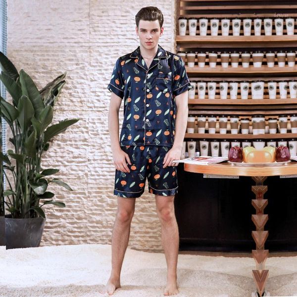 

men's sleepwear 2021 men's stain silk pajamas sets classic style fruit leaf printed nightwear for men spring short sleeve homewear, Black;brown