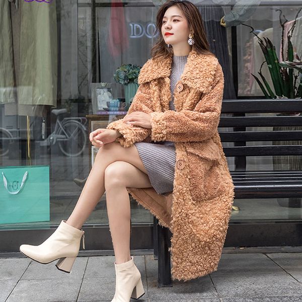 

luxury women plush coats faux thick winter long lapel female loose fur overcoat high warm plus size lamb coat quality cfkrb, Black