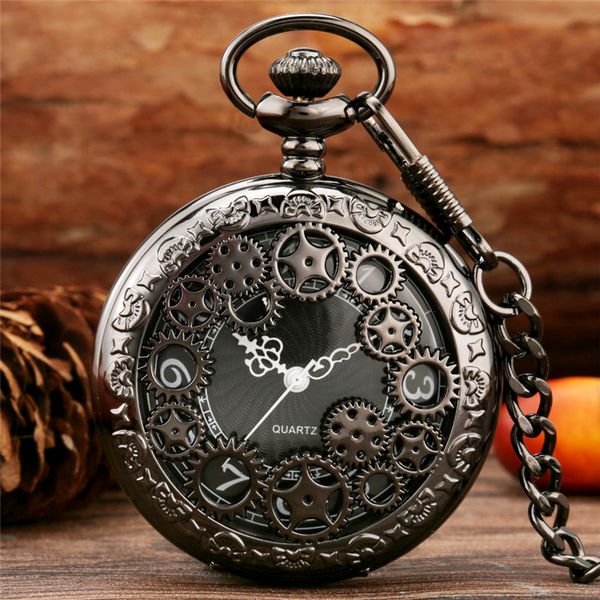 Steampunk Nero/Argento/Oro Hollow Out Gear Design Uomo Donna Orologio da taschino al quarzo con quadrante con numero arabo Catena pendente