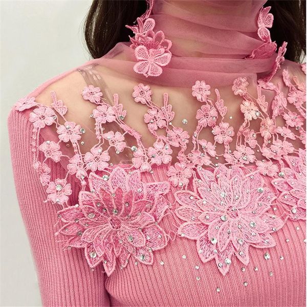 

new women turtleneck sweater autumn winter mesh patchwork knitted pullovers flowers butterfly basic sweaters female ab700, White;black