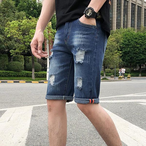 

men's jeans five-point pants tide brand ins trend 7-point seven-point breeches hole loose denim shorts summer, Blue