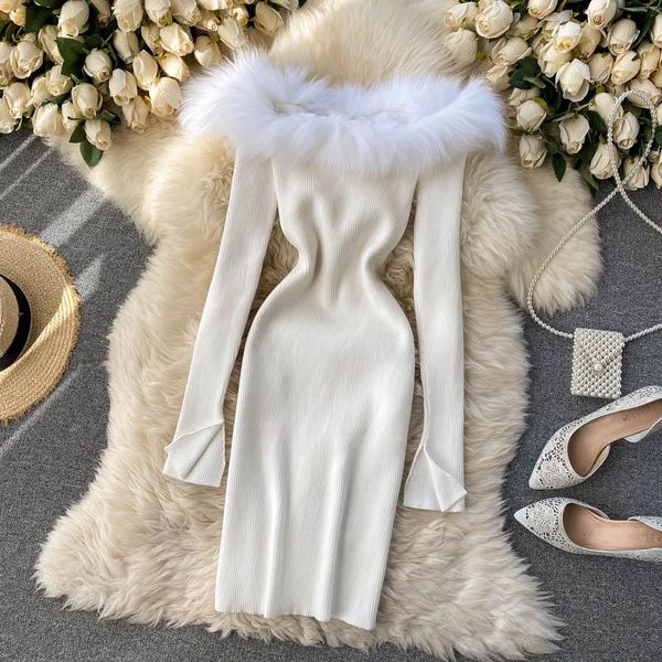 

casual dresses super luxury look slash fur neck knitted dress off-the-shoulder stretch party women fashion sweater tn1286, Black;gray