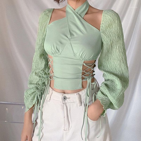 

2020 winter fashion new women long sleeve lace up halter halter backless hollow slim t shirt women 1, White