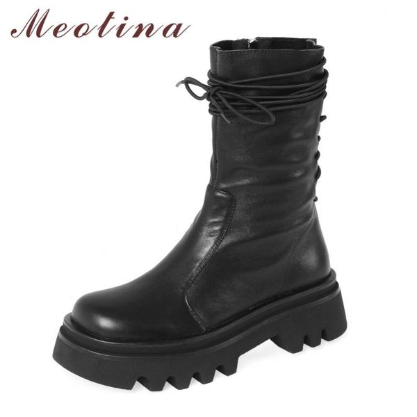 

meotina genuine leather platform high heel motorcycle boots women shoes cross tied zip block heels mid calf boots autumn winter, Black