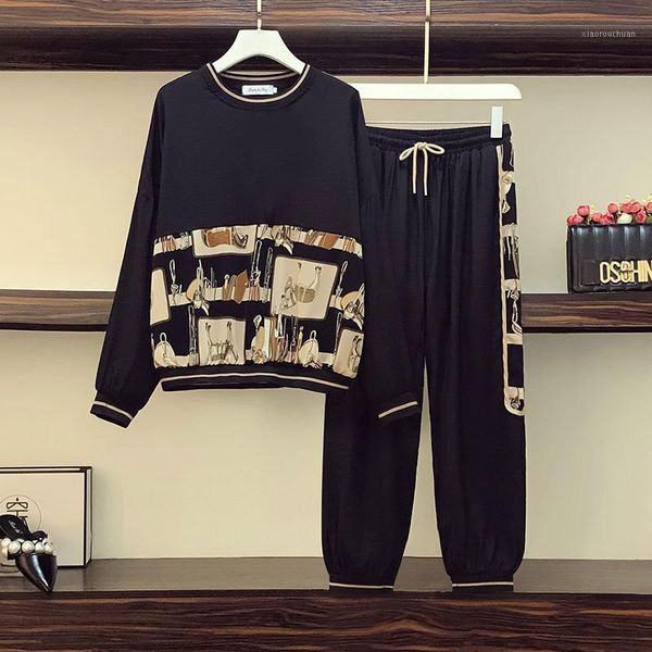 

l-4xl plus size tracksuit women clothes autumn 2020 long sleeve print and loose casual elastic waist pants two piece set1, Gray