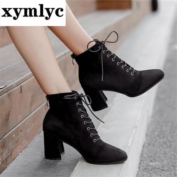 

2020 new autumn winter women boots solid lace-up back zipper european ladies shoes fashion high heels boots 35-39, Black