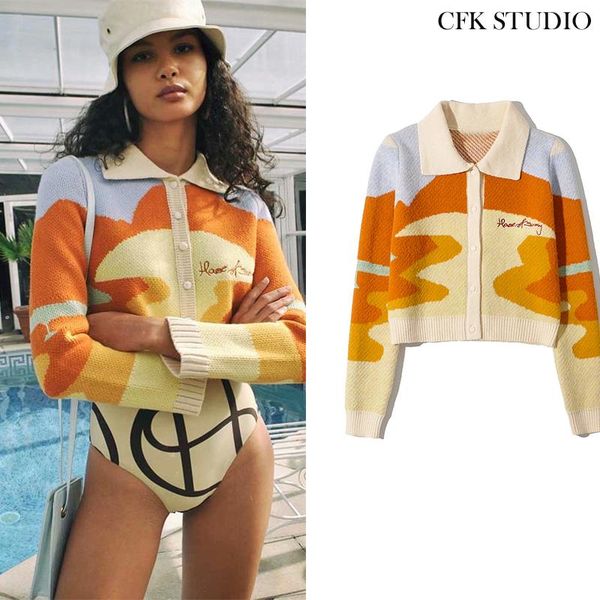 

women cardigans 2020 new autumn colorful striped print long sleeve knitted jacket coat femme winter thick casual yellow sweaters, White