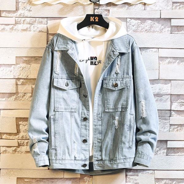 

new arrival autumn men's teenagers hole basic model casual light blue vintage wash street washed denim jeans jacket coat 5xl1, Black;brown