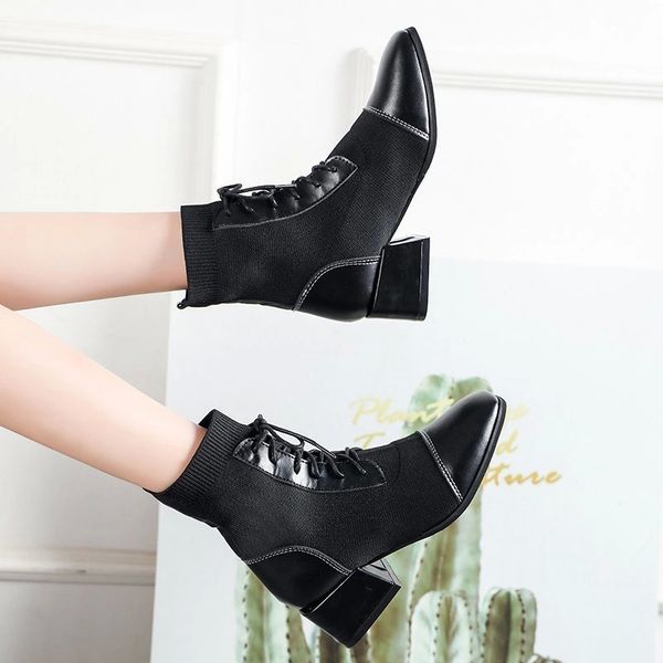 

women ankle boots woman pointed toe lace up sock boots 2020 autumn low heels ladies women's shoes lady footwear plus size 42 #5z0g, Black