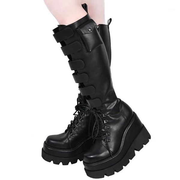 

boots ins brand ladies platform buckle bags wegdes women motocycle stylish zipper street punk cool autumn shoes woman1, Black