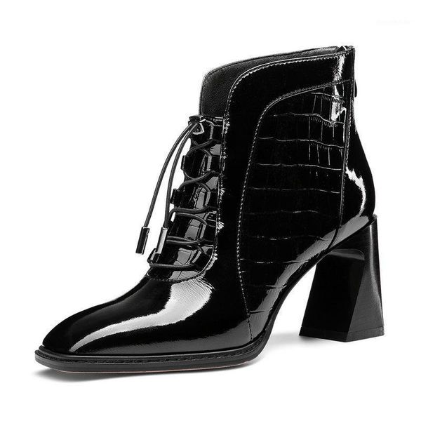 

boots elegant genuine leather square toe warm 2021 autumn winter high heels pumps lace up party wedding shoes woman1, Black
