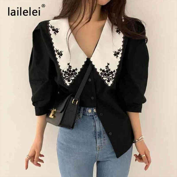 

turn-down collar embroidery shirt puff sleeve blouse women spring summer buttons ladies blusa elegant casual female, White