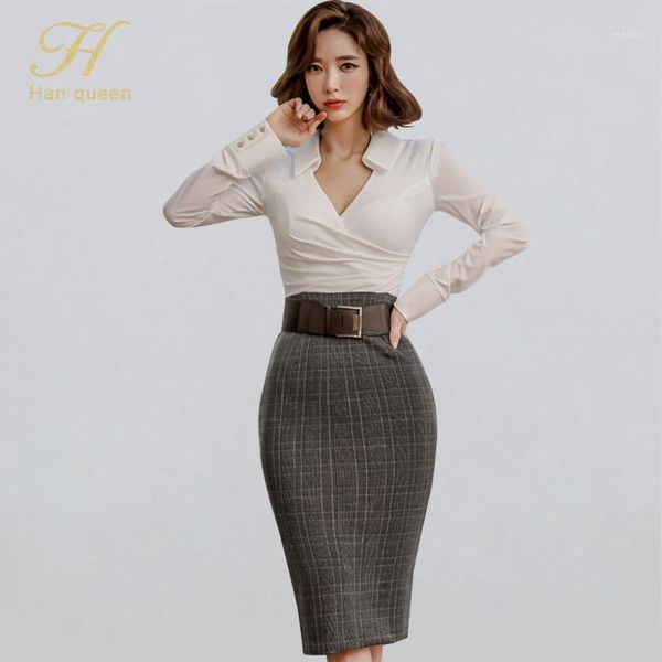 

casual dresses h han queen high waist grid fitted sheath dress women winter turn-down collar pencil belt patchwork bodycon vestidos1, Black;gray