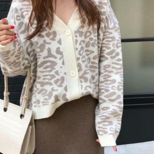 

women autumn winter leopard cardigan sweater coat female long sleeve plus size outer knitted pull femme jersey sueter 201202, White;black