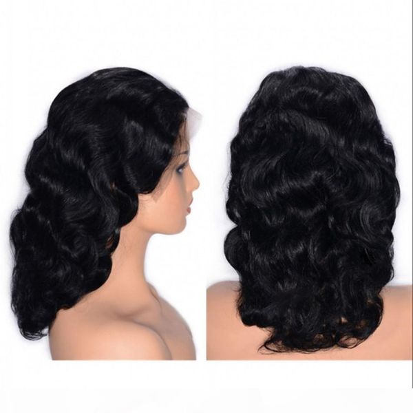 

peruvian virgin human hair lace front wig part natural color body wave wigs swiss lace, Black;brown