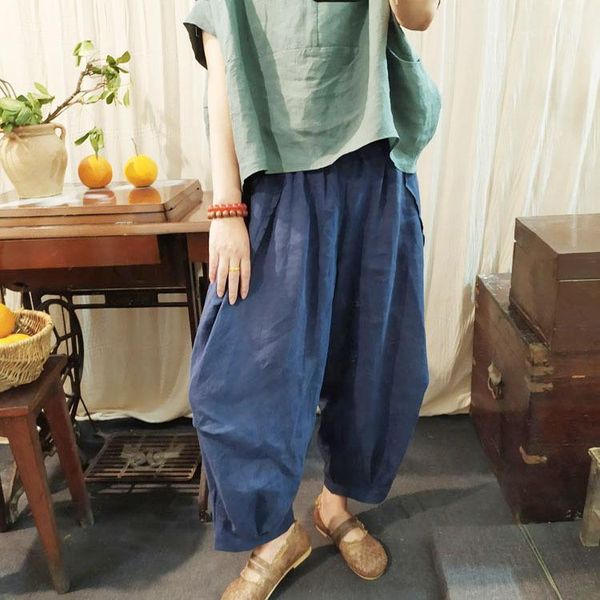 

women's pants & capris women solid color elastic waist linen ladies loose flax harem female 2021 summer autumn trousers1, Black;white