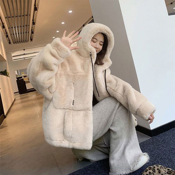 

2020 faux fur women coat with hood fashion zipper plush thick slim pink faux fur jacket fake rabbit fur coats chaqueta mujer lj201202, Black