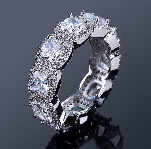 

hip hop square cubic zirconia chain rings women men cz bling iced out gold ring men rapper jewelry, Silver