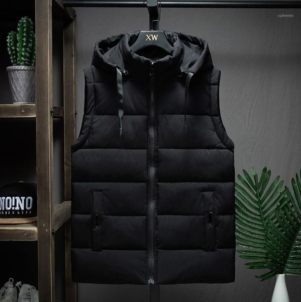

winter sleeveless jacket men casual down vest men warm thick hooded coats male cotton pad men's work waistcoat gilet homme -4xl1, Black;white