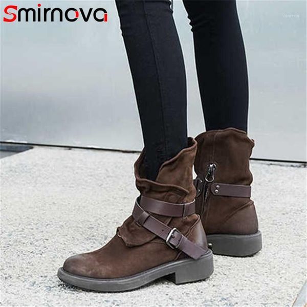 

smirnova big size 34-42 new genuine leather boots women zip classic ankle boots med heles buckle ladies motorcycles 20201, Black