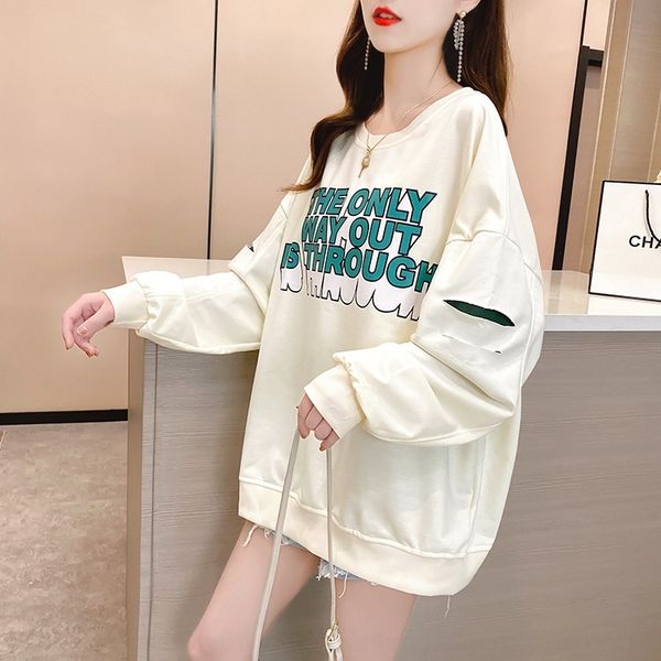 

oz5zt autumn student loose t-shirt sweater letter ins printed thin sweater women's korean style new sweet hole long sleeve t-shirt fxei, Black