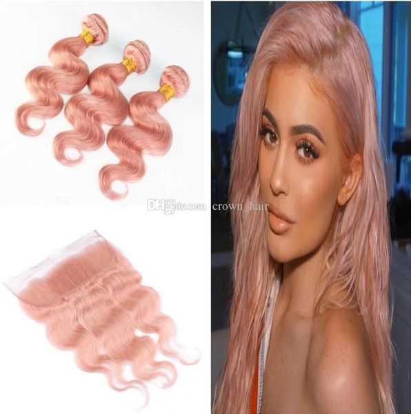

brazilian body wave pink hair extensions with ear to ear frontal closure peach pink hair 3bundles with lace frontal 13x4, Black