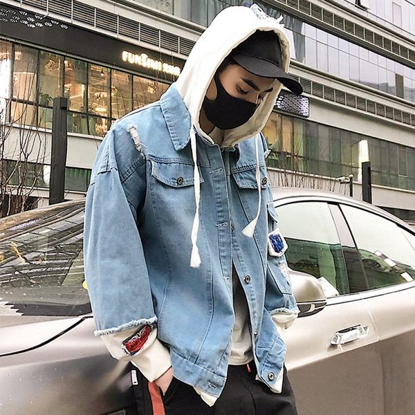 

men hooded denim jacket brand new jean jacket men hip hop jacket spring autumn streetwear fashion coat young mens clothing 201123, Black;brown