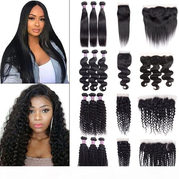 

brazilian virgin straight hair bundles with closures body water deep wave bundles with lace frontal unprocessed kinky curly human hair weave, Black;brown