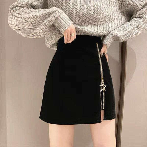 

women korean tweed skirts autumn winter high waist a line bodycon bottoms female zipper slim mini short skirt, Black