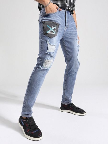 

men letter embroidery contrast panel ripped skinny jeans z0gl#, Blue
