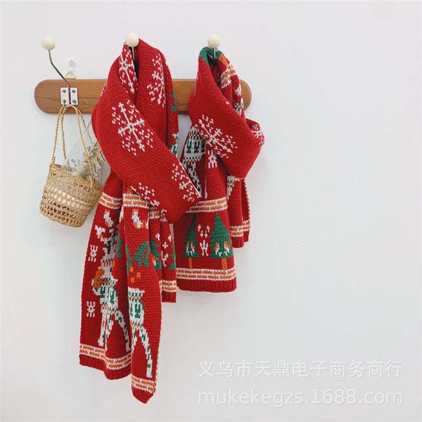 

2020 new parent-child christmas sle knitted scarf autumn and winter children's jacquard fawn snowflake extended wool neck, Red;brown