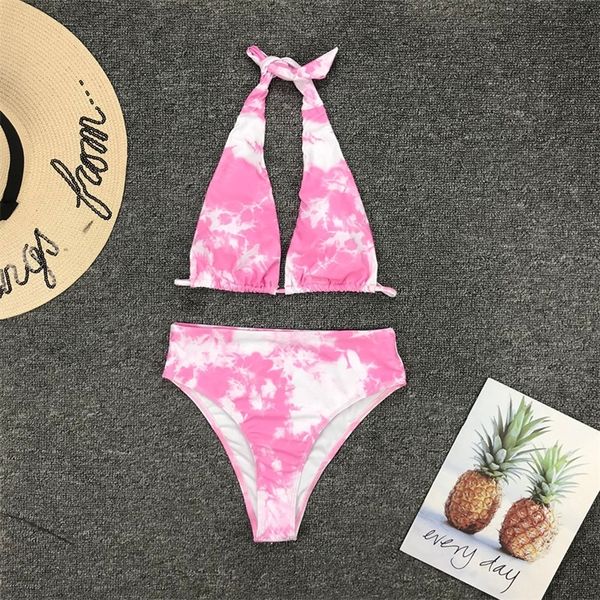 

omkagi bikini high waist swimsuit pink tie-dyed bikinis set swimming bathing suit beachwear push up bikini swimwear women t200508, White;black