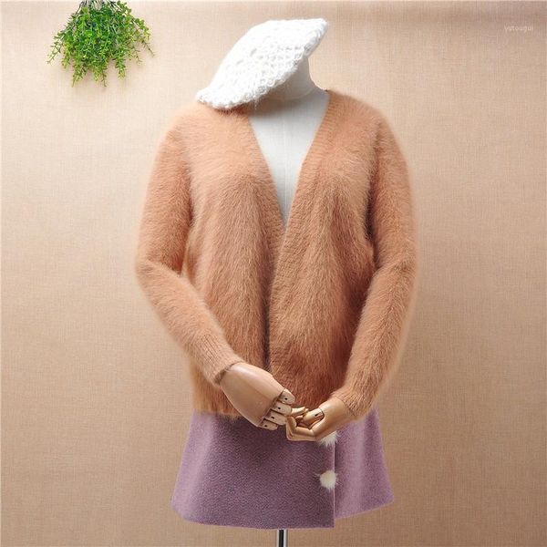 

female women hairy angora fur knitted v-neck long sleeves loose short style cardigans winter mink cashmere jacket coat1, White