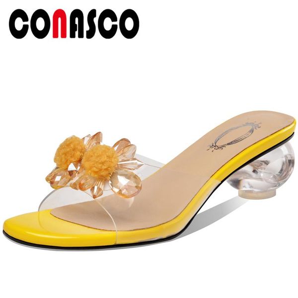 

conasco 2020 summer new arrival women sandals pumps slippers high heels crystal fashion concise casual open toe shoes woman, Black