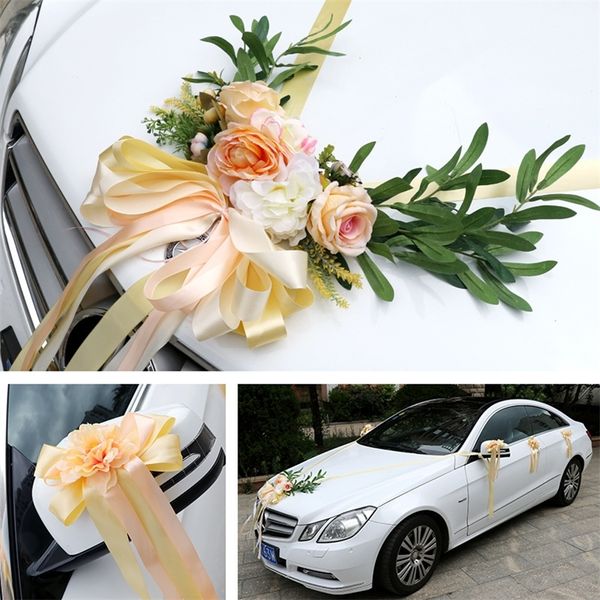 4COLOR Wedding Car Silk Flower Decoration Kit Europeo Multi-colore Matrimonio Sedia Indietro Fiore finto Piante artificiali Rose LJ200910