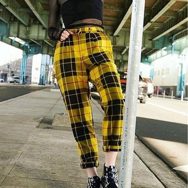 

plaid printed pants women streetwear mid waist trousers pencil sweatpants1, Black;white