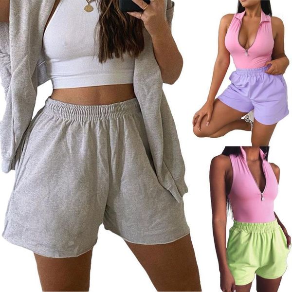 

women summer solid color high waist shorts casual homewear sportwear elastic waist colorful shorts1, White;black