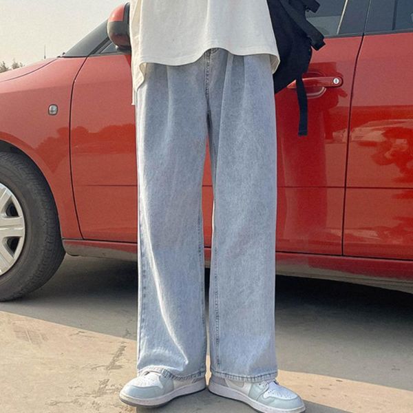 

mens solid color ankle-length jeans korean casual fashion loose harajuku streetwear straight wide leg pants, Blue