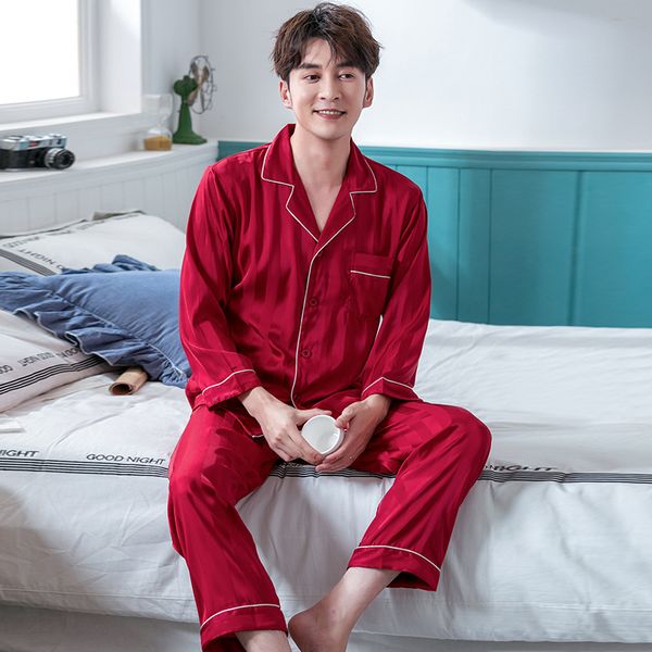 Sommer Herren Satin Pyjamas Set Home Kleidung Pojama Langarm Herren Nachtwäsche PJ mit Knopf Rot Solid Loungewear Pyjamas LJ201112