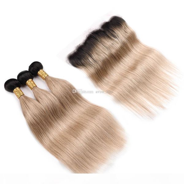 

ombre color honey blonde silky straight hair extension with frontal closure two tone 1b 27 virgin human hair weaves with frontal 13x4, Black;brown