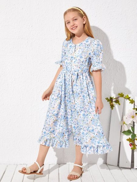 

girls ruffle trim allover floral belted dress she, Red;yellow