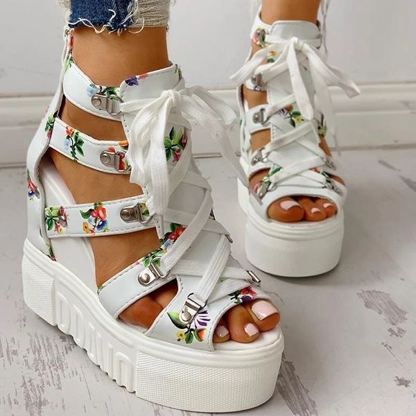 

spring women sandals high heel casual ethnic flower floral open toe wedges platform height increasing chunky ladies shoes 0523w y200405, Black