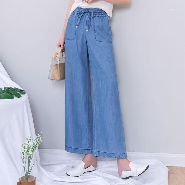 

women blue denim wide leg jeans 2019 autumn ankle length elastic waist lace up jeans pockets plus size boyfriend1