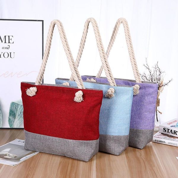 

bonjean patchwork bags for women fashion travel totes two handles linen bag for female zipper decoration casual soft bags bj31891
