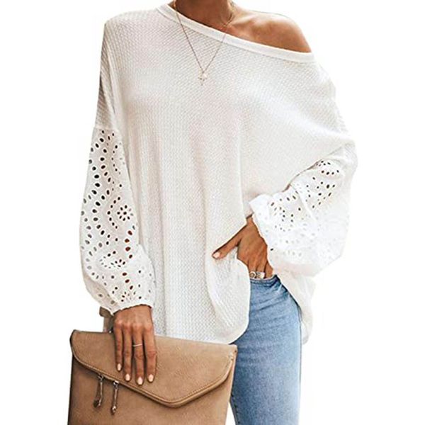 

o-neck elegant embroidery floral hollow out blouse shirt women lantern sleeve spring summer casual loose blusas plus size, White