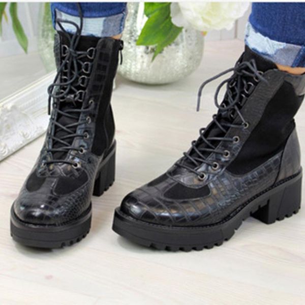

women's ankle boots women waterproof platform shoes female fashion mid heel boots black leather winter woman lace up shoes