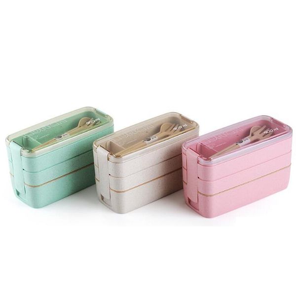 

wheat straw lunch box healthy material lunch box 3 layer 900ml wheat straw bento boxes microwave dinnerware food storage container n5gjw