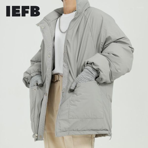 

iefb men's wear 2020 korean fashion loose solid color cotton padded jacket mens zipper stand collar oversized winter coat 9y46031, Black