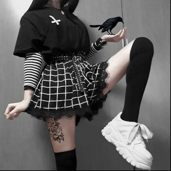 

new fashion gothic punk harajuku women mini shorts 2021 summer casual plaid pleated female fashion lace up vintage shorts, Black