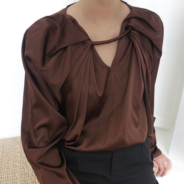 

women simple blouse circle pleated neckline long-sleeved office lady shirt1, White